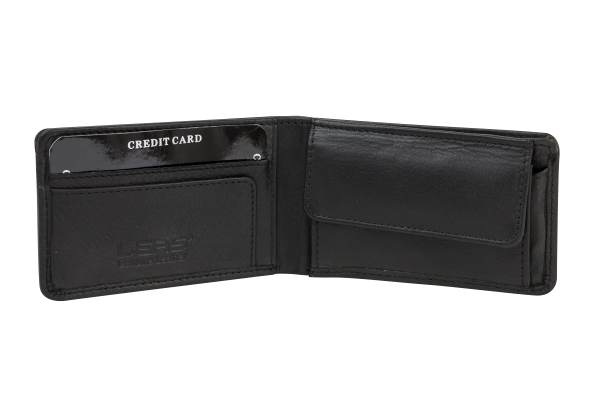 Minibörse extra flach im Querformat dünn, flaches Portemonnaie mit RFID Schutz, Block Folie mit Geschenk Box LEAS in Echt-Leder, schwarz