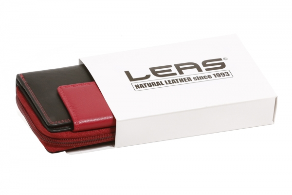Reißverschlussbörse LEAS in Echt-Leder, schwarz-rot - LEAS Zipper-Collection