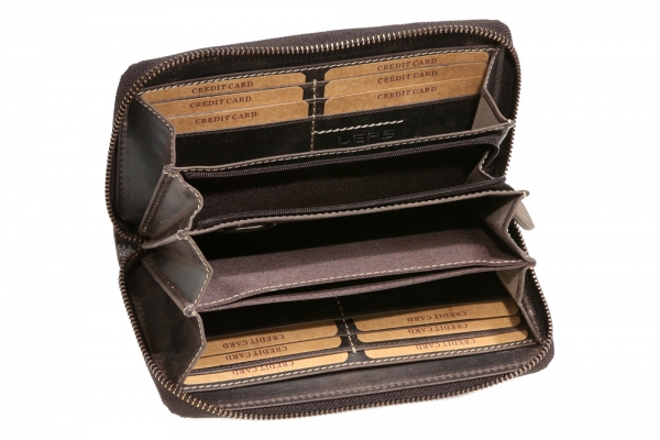 Große Vollleder Damen Geldbörse natur Usedlook Reißverschluss rundherum Damenlangbörse Portemonnaie Brieftasche lang LEAS in Echt-Leder, braun - LEAS Vintage-Collection 19,5x9,5x2cm (BxHxT)