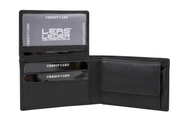 LEAS Minibörse mit Klappe extra flach im Querformat dünn, Flaches Portemonnaie mit RFID Schutz, Block Folie mit Geschenk Box Echt-Leder, schwarz