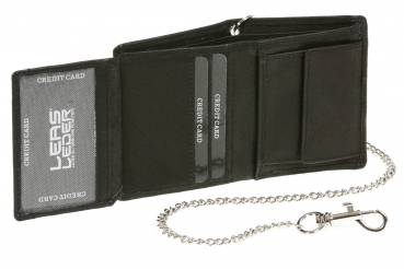 Mini-Bikerbörse mit Klappe im Hochformat mit Chrom-Kette Trucker LEAS in Echt-Leder, schwarz