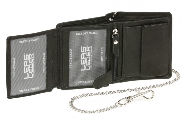 Mini-Bikerbörse mit Riegel im Hochformat mit Chrom-Kette Trucker LEAS in Echt-Leder, schwarz