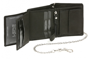 Mini-Bikerbörse mit Riegel im Hochformat mit Chrom-Kette Trucker LEAS in Echt-Leder, schwarz
