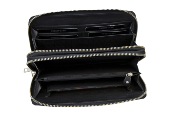 Große Vollleder Unisex Geldbörse mit doppel Reißverschluss rundherum und Grifflasche Langbörse Portemonnaie Brieftasche lang LEAS aus feinstem Rind-Echt-Leder, schwarz 22,5x12,5x4cm (BxHxT)