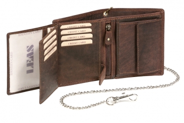 Bikerkombibörse im Hochformat mit Chrom-Kette LEAS MCL im Vintage-Stil in Echt-Leder, braun