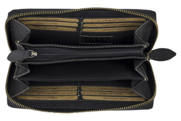 Große Vollleder Damen Geldbörse natur Usedlook Reißverschluss rundherum Damenlangbörse Portemonnaie Brieftasche lang LEAS in Echt-Leder, schwarz - Vintage-Collection 19,5x9,5x2cm (BxHxT)