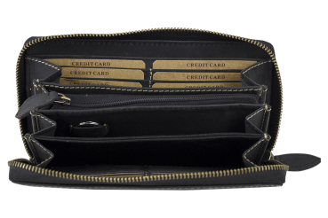 Große Vollleder Damen Geldbörse natur Usedlook Reißverschluss rundherum Damenlangbörse Portemonnaie Brieftasche lang LEAS in Echt-Leder, schwarz - Vintage-Collection 19,5x9,5x2cm (BxHxT)