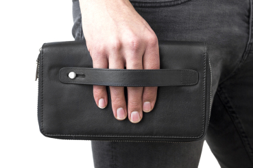 Große Vollleder Unisex Geldbörse mit doppel Reißverschluss rundherum und Grifflasche Langbörse Portemonnaie Brieftasche lang LEAS aus feinstem Rind-Echt-Leder, schwarz 22,5x12,5x4cm (BxHxT)