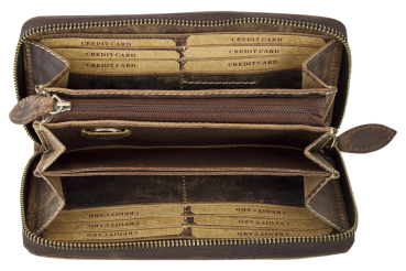 LEAS Damenlangbörse umlaufenden Reißverschluss Portemonnaie Damen Lilianen-Muster Echt-Leder, cognac