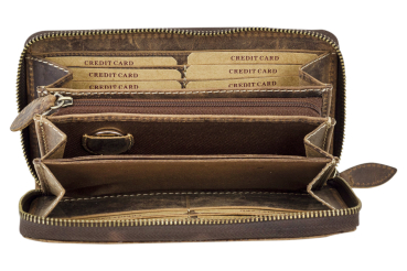 LEAS Damenlangbörse umlaufenden Reißverschluss Portemonnaie Damen Lilianen-Muster Echt-Leder, cognac