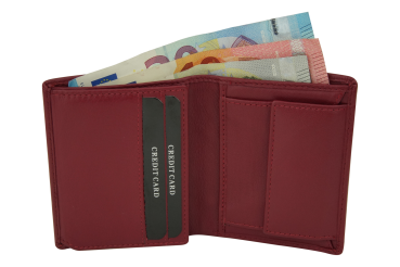 Mini Geldbörse mit Klappe dünn im Hochformat, flaches Portemonnaie mit RFID Schutz Folie mit Geschenk Box LEAS in Echt-Leder, rot