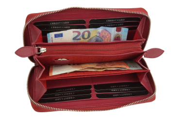 Große Vollleder Damen Geldbörse mit RFID Schutz Reißverschluss rundherum Damenlangbörse Portemonnaie Brieftasche lang LEAS in Echt-Leder, rot 19,5x9,5x2cm (BxHxT)