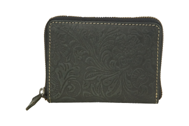 Damenbörse mit umlaufenden Reißverschluss Vintage Lilianen-Muster in Echt-Leder, schwarz