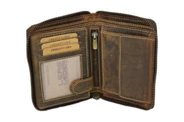 Damenbörse mit umlaufenden Reißverschluss Vintage Lilianen-Muster in Echt-Leder, cognac