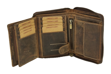 Damenbörse mit umlaufenden Reißverschluss Vintage Lilianen-Muster in Echt-Leder, cognac