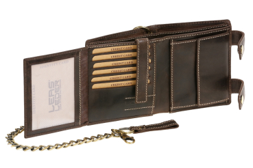 Biker- & Truckerbörse im Hochformat mit 12 Kartenfächern, hochwertiger Kette & Geschenkbox LEAS im Vintage-Stil in Echt-Leder, braun