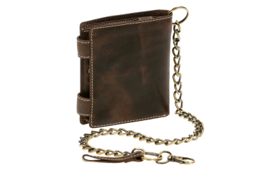 Biker- & Truckerbörse im Hochformat mit 12 Kartenfächern, hochwertiger Kette & Geschenkbox LEAS im Vintage-Stil in Echt-Leder, braun
