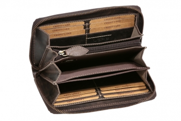 Große Vollleder Damen Geldbörse natur Usedlook Reißverschluss rundherum Damenlangbörse Portemonnaie Brieftasche lang LEAS in Echt-Leder, braun - LEAS Vintage-Collection 19,5x9,5x2cm (BxHxT)