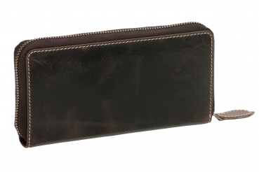 Große Vollleder Damen Geldbörse natur Usedlook Reißverschluss rundherum Damenlangbörse Portemonnaie Brieftasche lang LEAS in Echt-Leder, braun - LEAS Vintage-Collection 19,5x9,5x2cm (BxHxT)