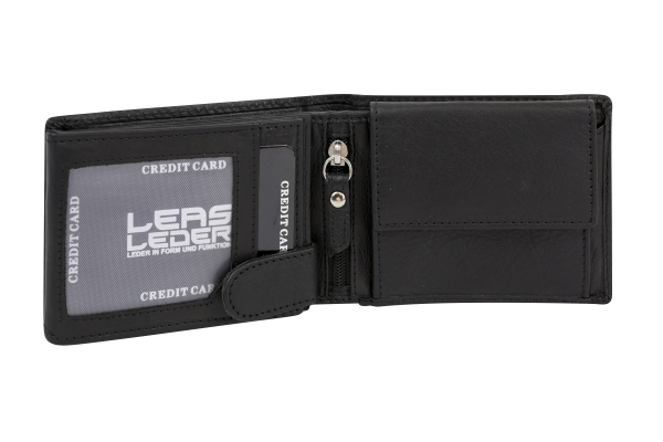 LEAS Minibörse mit Riegel flach im Querformat dünn, flaches Portemonnaie mit RFID Schutz, Block Folie mit Geschenk Box Echt-Leder, schwarz