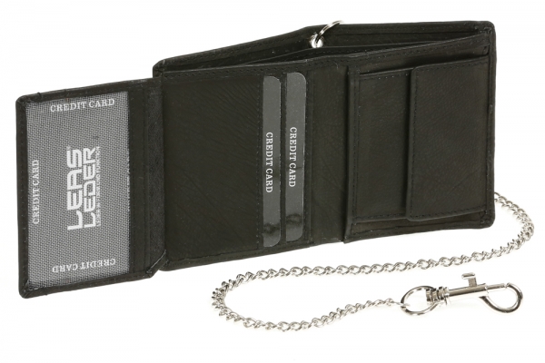 Mini-Bikerbörse mit Klappe im Hochformat mit Chrom-Kette Trucker LEAS in Echt-Leder, schwarz