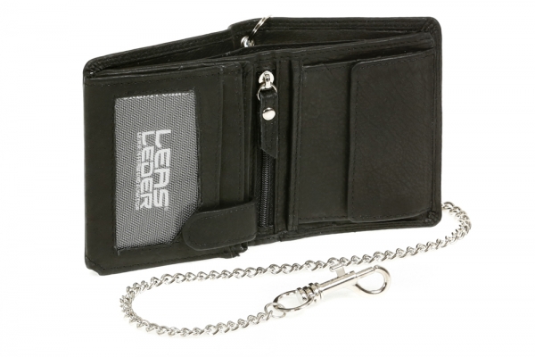 Mini-Bikerbörse mit Riegel im Hochformat mit Chrom-Kette Trucker LEAS in Echt-Leder, schwarz