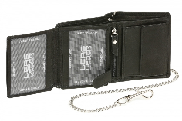 Mini-Bikerbörse mit Riegel im Hochformat mit Chrom-Kette Trucker LEAS in Echt-Leder, schwarz