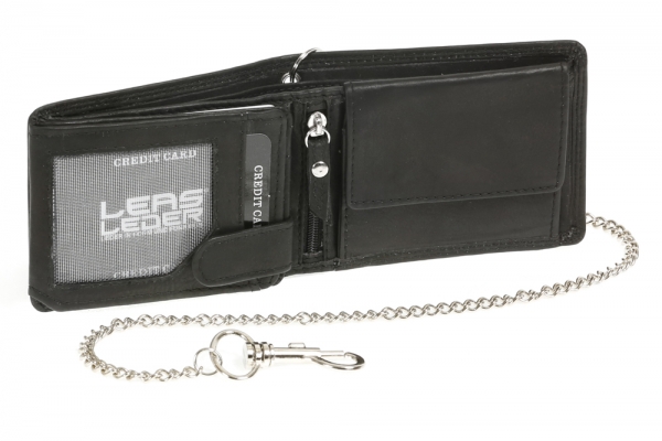Mini-Bikerbörse mit Riegel im Querformat mit Chrom-Kette Trucker LEAS in Echt-Leder, schwarz