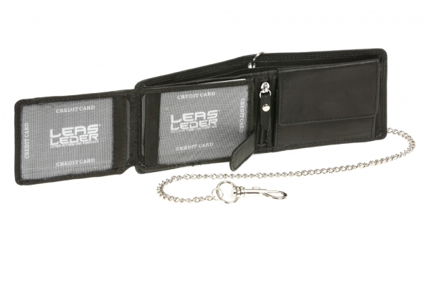 Mini-Bikerbörse mit Riegel im Querformat mit Chrom-Kette Trucker LEAS in Echt-Leder, schwarz