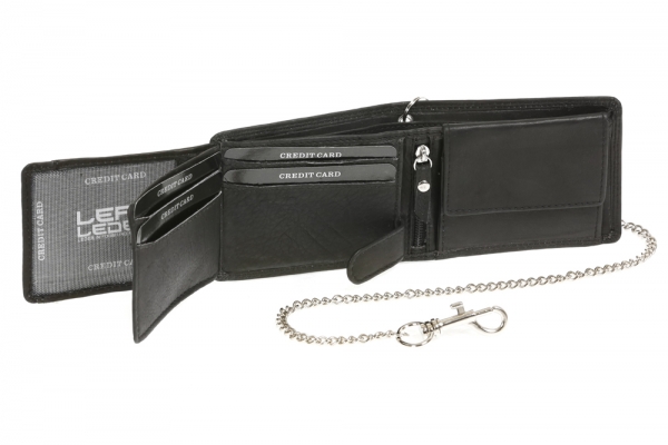 Mini-Bikerbörse mit Riegel im Querformat mit Chrom-Kette Trucker LEAS in Echt-Leder, schwarz