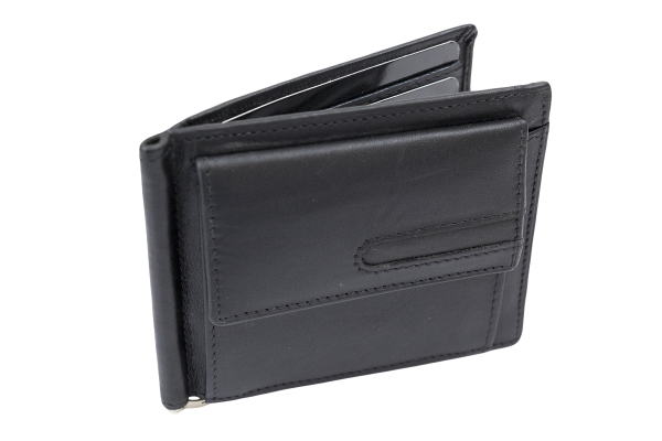 Dollar Clip mit Kleingeldfach RFID Geldscheinklammer flach Geldklammer Money Clip extra dünn für 8 Karten LEAS in Echt-Leder, Portmonee mit Geschenk Box, schwarz