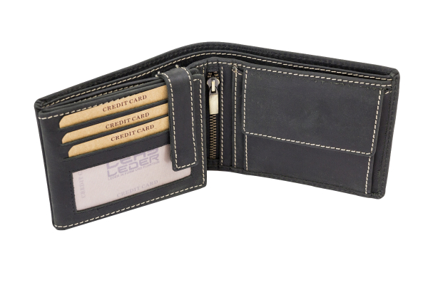 Portmonee Herren Geldbörse natur im Querformat LEAS in Echt-Leder - Vintage-Collection 12,5x9,5x3cm (BxHxT) (schwarz)
