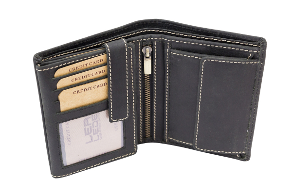 Portmonee Herren Geldbörse natur im Hochformat mit Geschenkbox LEAS in Echt-Leder - Vintage-Collection 13x10x3cm (BxHxT) (schwarz)