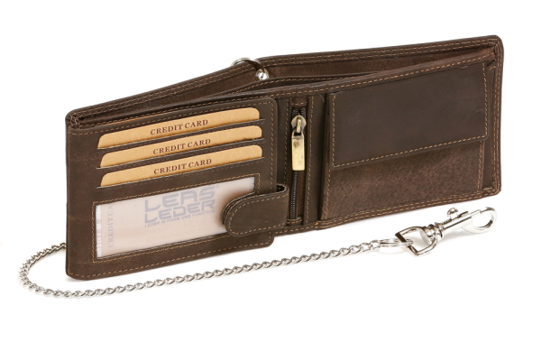 Bikerbörse im Querformat mit Chrom-Kette LEAS MCL im Vintage-Stil in Echt-Leder, braun