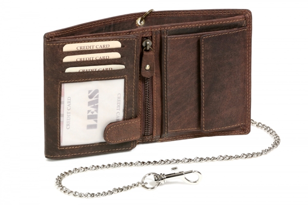 Bikerkombibörse im Hochformat mit Chrom-Kette LEAS MCL im Vintage-Stil in Echt-Leder, braun