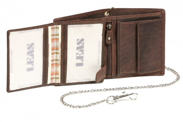 Bikerkombibörse im Hochformat mit Chrom-Kette LEAS MCL im Vintage-Stil in Echt-Leder, braun