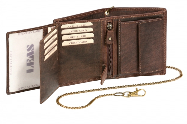 Bikerkombibörse im Hochformat mit Kette Trucker LEAS MCL im Vintage-Stil in Echt-Leder, braun