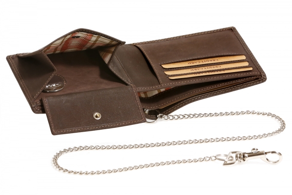 Biker-Geldbörse extra dünn Chrom-Kette Querformat LEAS MCL im Vintage Stil in Echt-Leder, braun