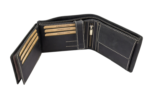 Portmonee Herren Geldbörse natur im Querformat LEAS in Echt-Leder - Vintage-Collection 12,5x9,5x3cm (BxHxT) (schwarz)