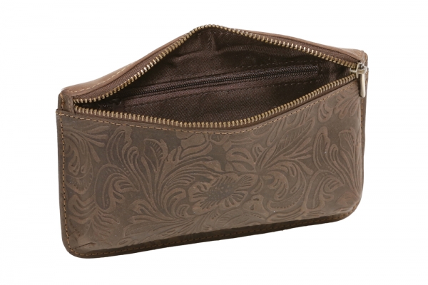 Gürteltasche mit Volllederausstattung und Floral-Muster LEAS in Echt-Leder, dunkelbraun