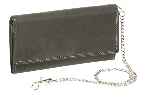 Große Bikerbörse Langbörse mit Chrom-Kette im Vintage-Stil LEAS MCL in Echt-Leder, schwarz