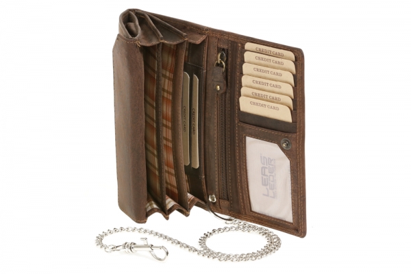 Bikerbörse Langbörse mit Chrom-Kette im Vintage-Stil LEAS MCL in Echt-Leder, braun