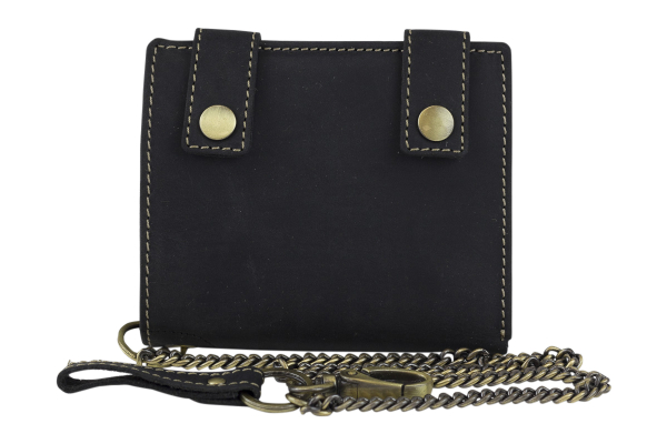 Biker- & Truckerbörse im Hochformat mit 12 Kartenfächern, hochwertiger Kette & Geschenkbox LEAS im Vintage-Stil in Echt-Leder, schwarz