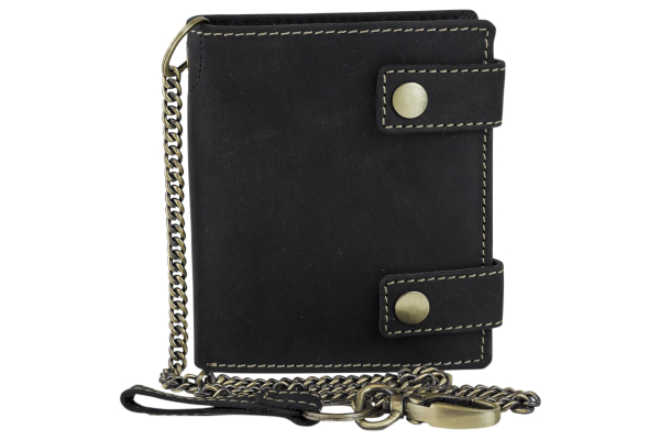 Biker- & Truckerbörse im Hochformat mit 12 Kartenfächern, hochwertiger Kette & Geschenkbox LEAS im Vintage-Stil in Echt-Leder, schwarz