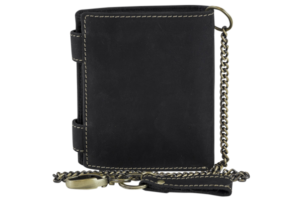 Biker- & Truckerbörse im Hochformat mit 12 Kartenfächern, hochwertiger Kette & Geschenkbox LEAS im Vintage-Stil in Echt-Leder, schwarz