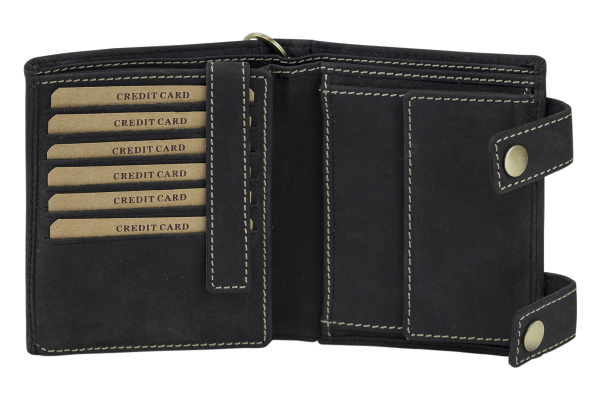 Biker- & Truckerbörse im Hochformat mit 12 Kartenfächern, hochwertiger Kette & Geschenkbox LEAS im Vintage-Stil in Echt-Leder, schwarz