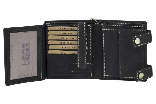 Biker- & Truckerbörse im Hochformat mit 12 Kartenfächern, hochwertiger Kette & Geschenkbox LEAS im Vintage-Stil in Echt-Leder, schwarz