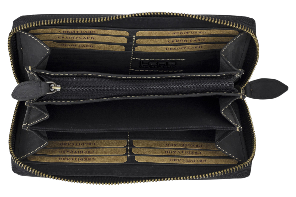 Große Vollleder Damen Geldbörse natur Usedlook Reißverschluss rundherum Damenlangbörse Portemonnaie Brieftasche lang LEAS in Echt-Leder, schwarz - Vintage-Collection 19,5x9,5x2cm (BxHxT)