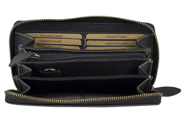 Große Vollleder Damen Geldbörse natur Usedlook Reißverschluss rundherum Damenlangbörse Portemonnaie Brieftasche lang LEAS in Echt-Leder, schwarz - Vintage-Collection 19,5x9,5x2cm (BxHxT)