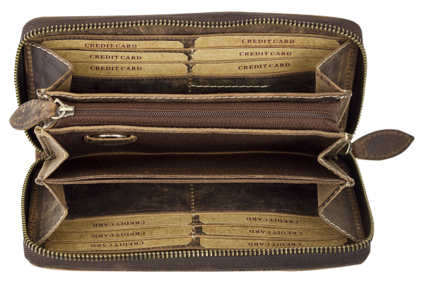 LEAS Damenlangbörse umlaufenden Reißverschluss Portemonnaie Damen Lilianen-Muster Echt-Leder, cognac